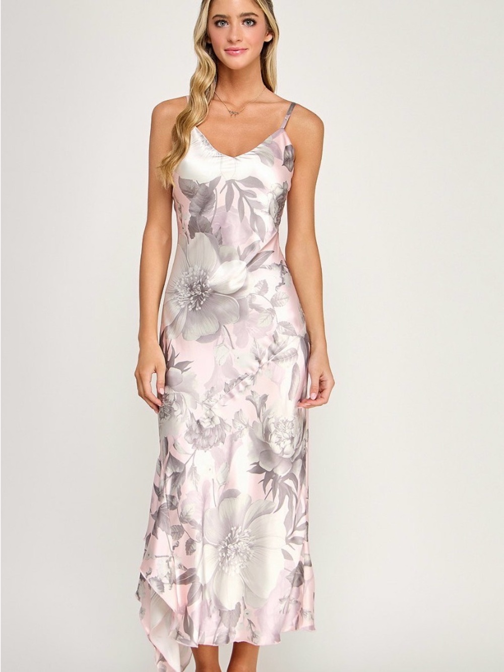 Floral Satin Slip Dress in Blush Pink and Gray